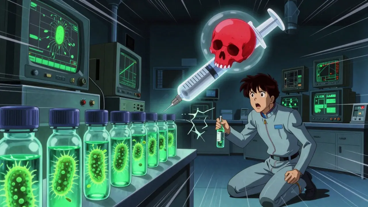 Incubated vials glowing green with bioluminescent bacteria, technician shocked beside broken vial, red warning symbol floating.