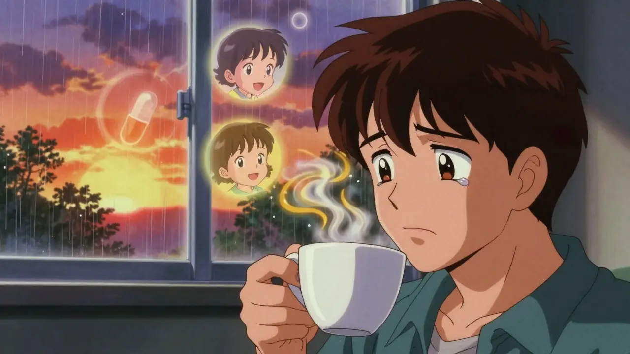 Man smelling coffee again after desensitization, tearful and surrounded by nostalgic memories.