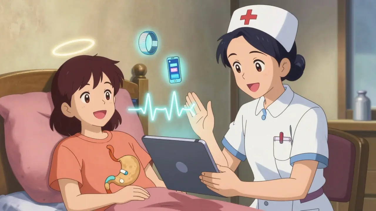 Nurse video-calling a patient while a pill's sensor sends a digital heartbeat signal.