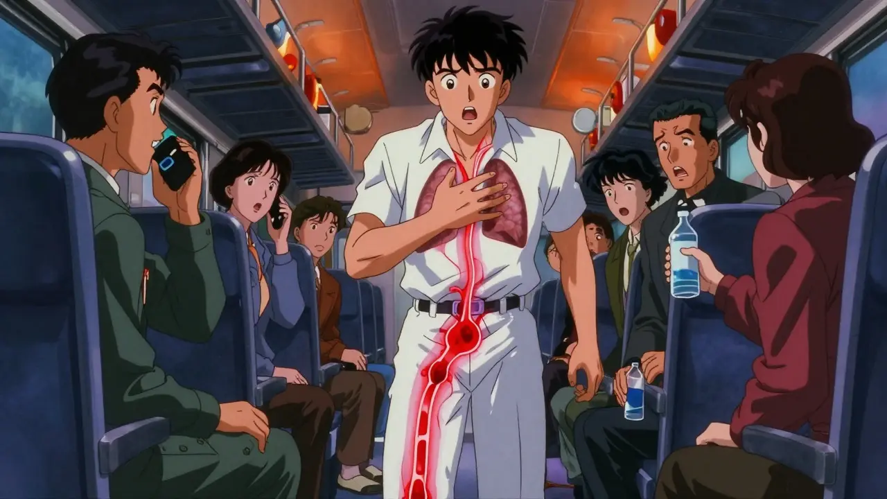 Passenger experiencing symptoms of blood clot on train, glowing red clot traveling through vein.