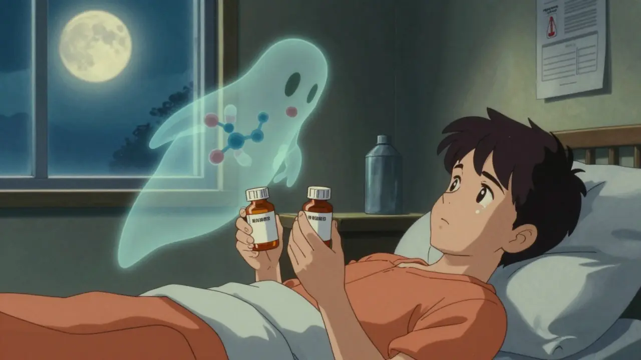 Patient holding two pill bottles with a glowing identical pill floating above them.