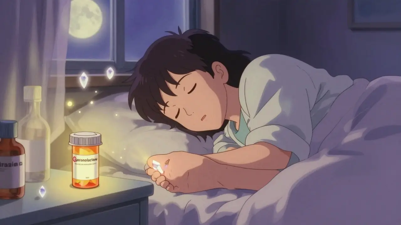 Patient sleeping as a uric acid crystal dissolves in their toe, with spironolactone bottle glowing softly.