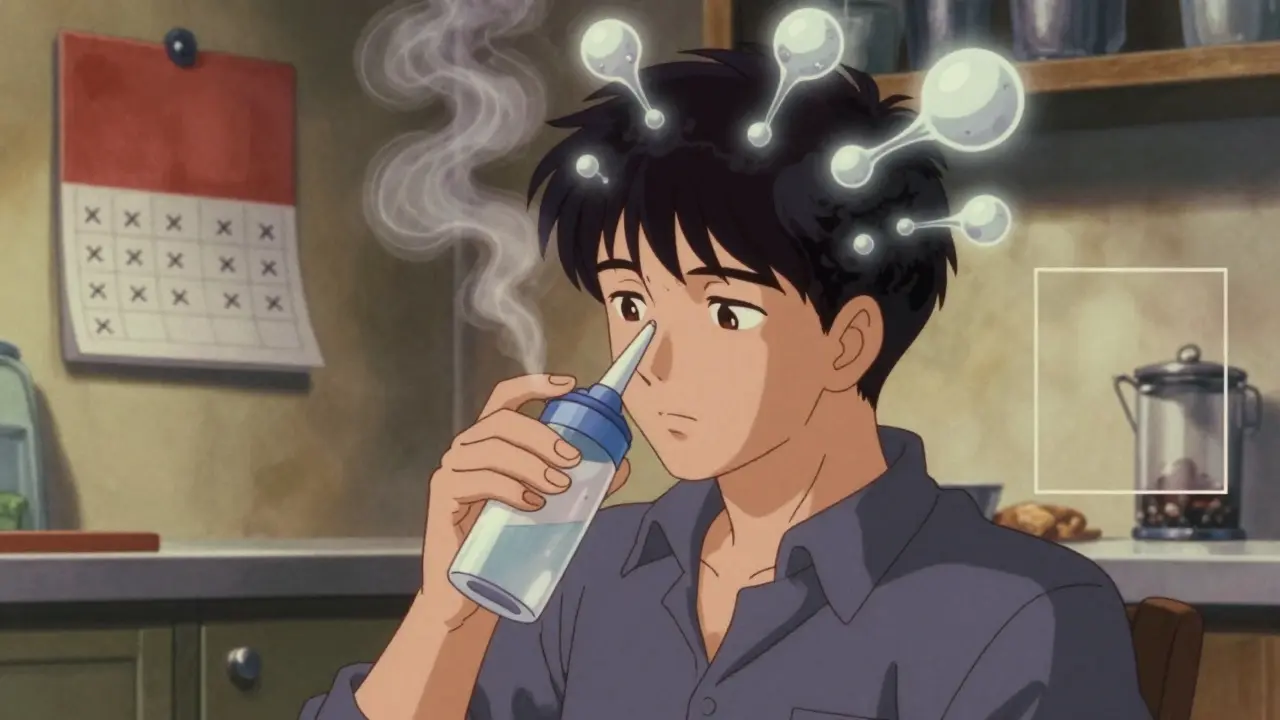 Patient using nasal rinse at home with glowing inflammatory molecules dissipating.