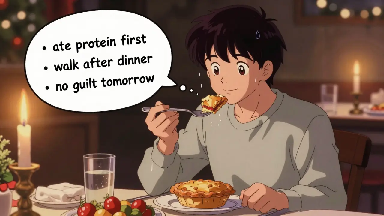 Person enjoying holiday pie calmly with a thoughtful checklist floating above them