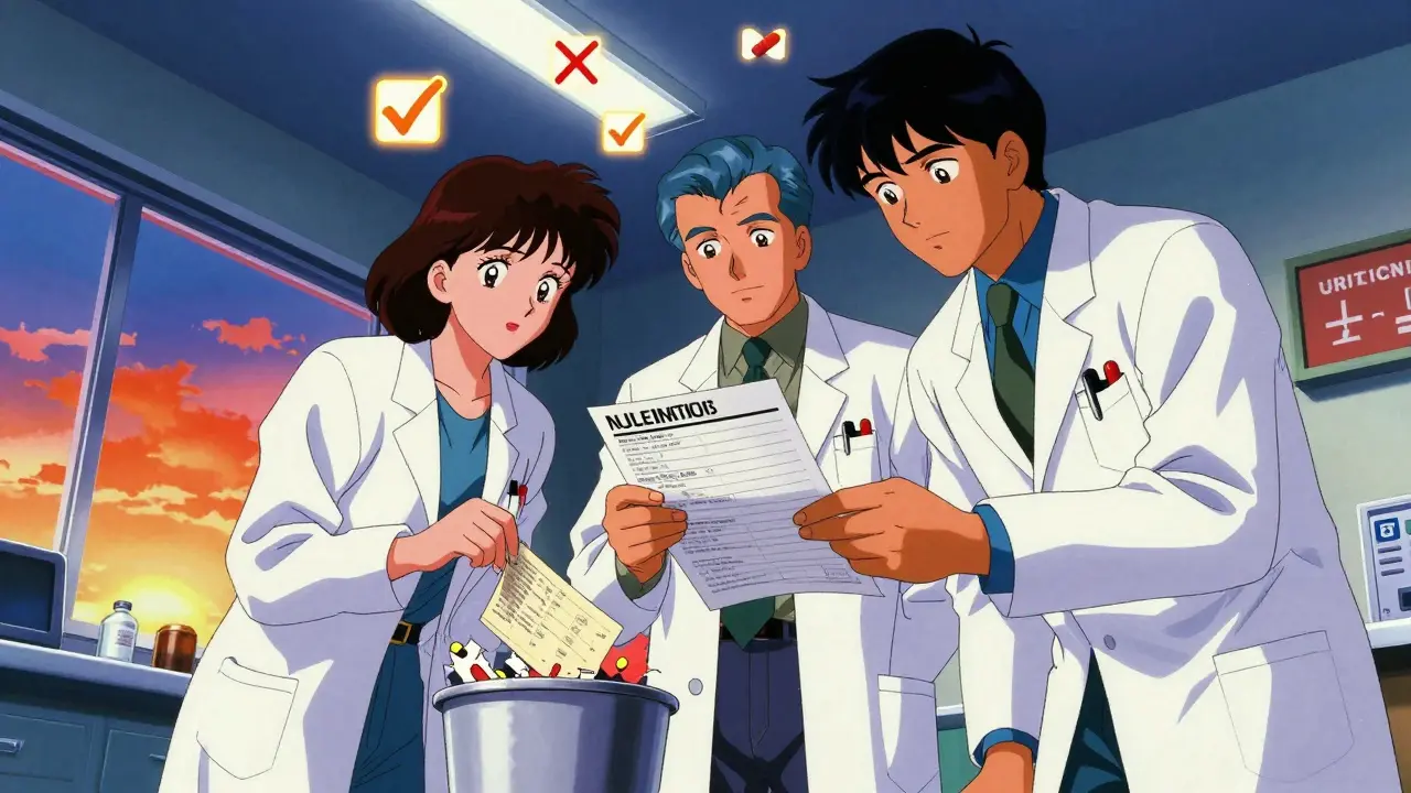 Pharmacist and doctor reviewing an updated medication list with patient in a clinic.