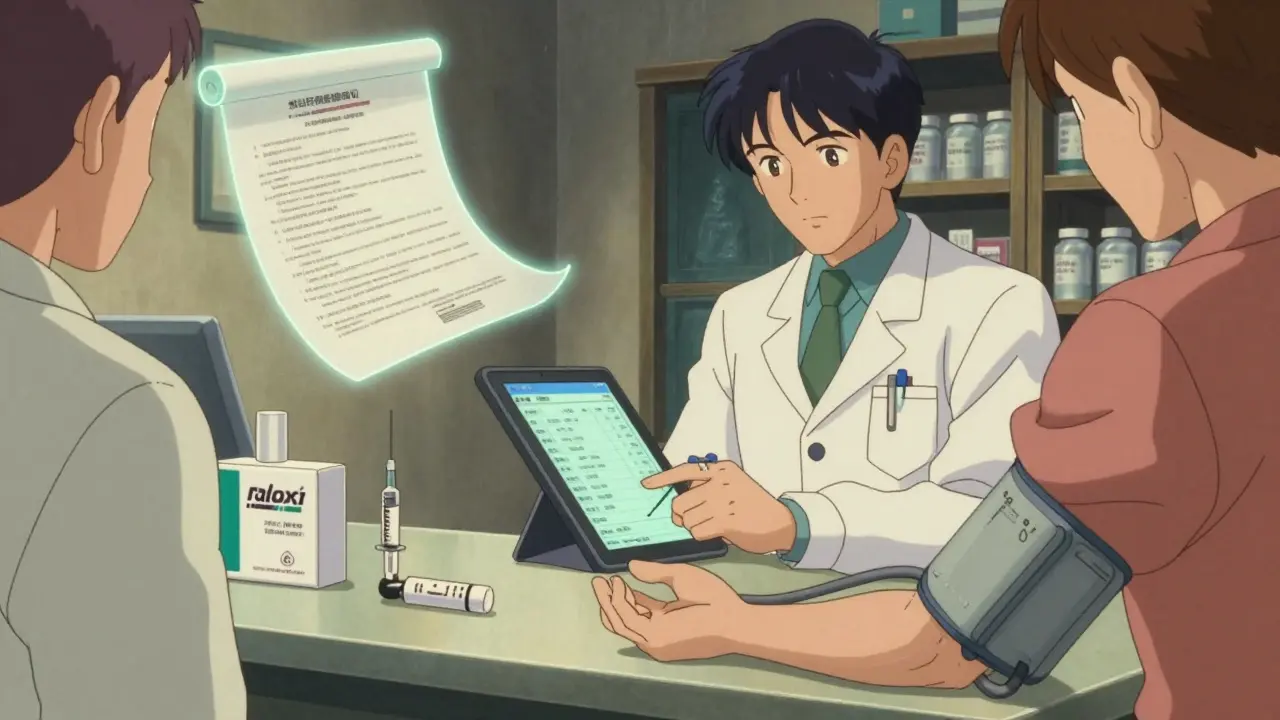 Pharmacist checking a patient's blood pressure using a portable cuff in a rural clinic.