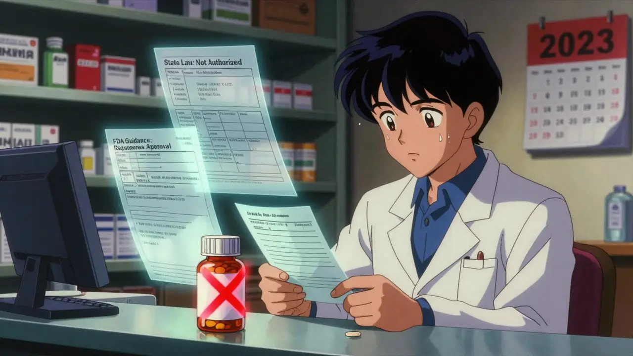 Pharmacist staring at a prescription and combination pill with legal warnings floating around them.