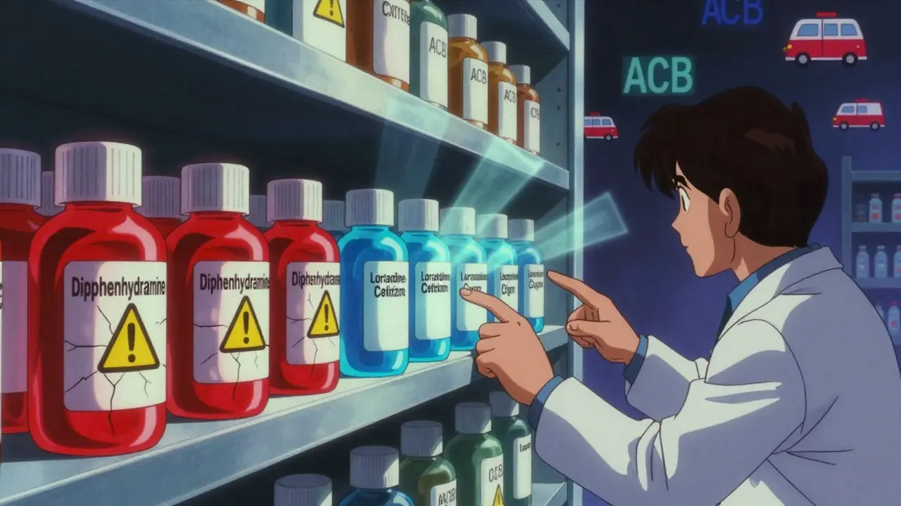 Pharmacy shelf divided into dangerous red antihistamines and safe blue ones, hand reaching toward the safer option.