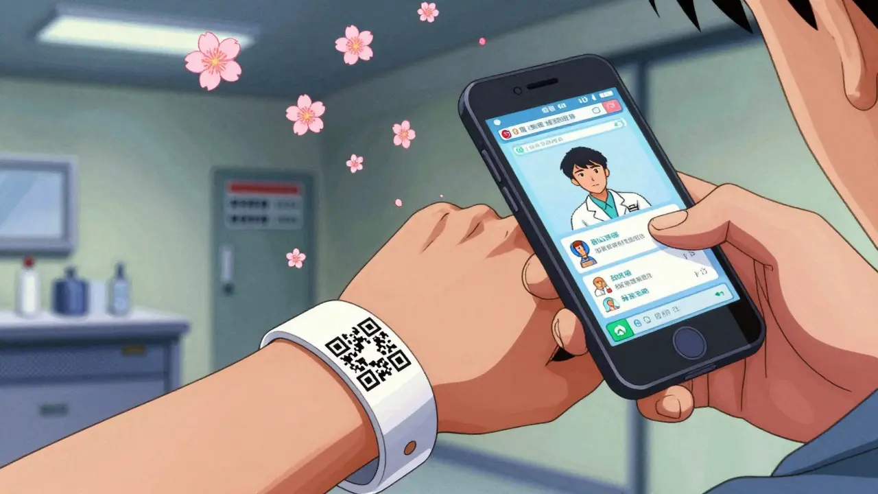 QR code medical bracelet being scanned, digital medication profile glowing in anime-style pixels.