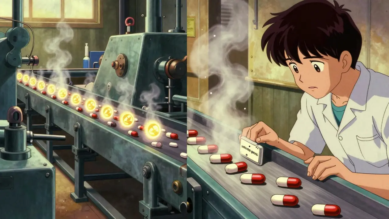 Same pill production line making both branded and unbranded versions in a retro anime factory.
