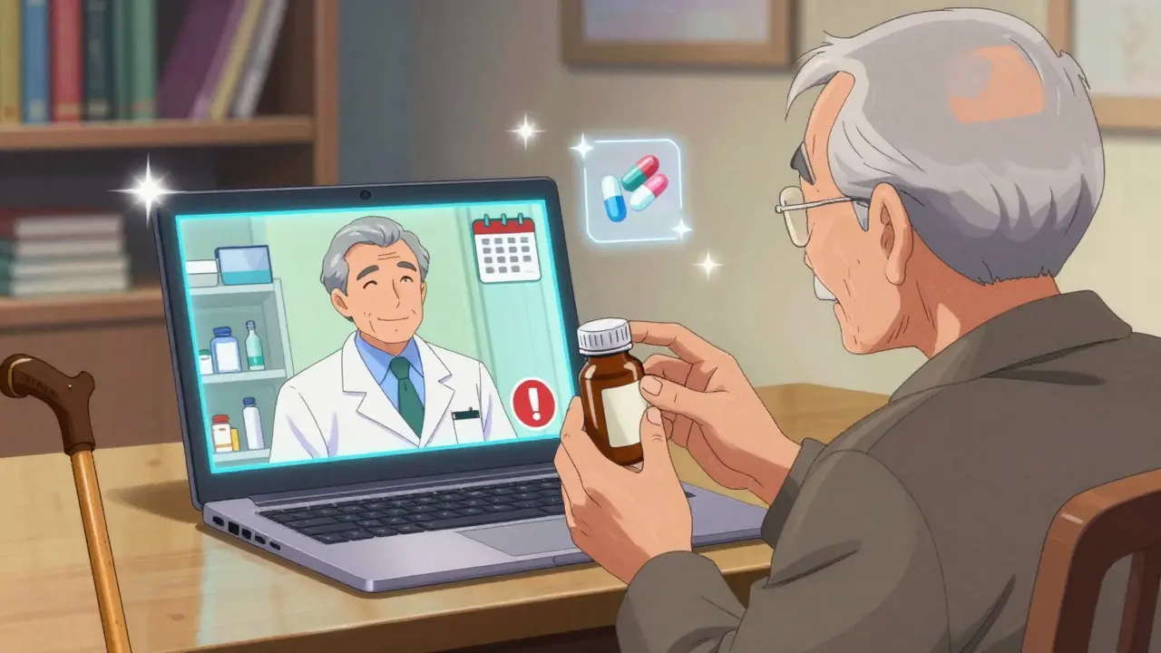 Senior holding medicine bottles up to a laptop screen during a telehealth medication review.