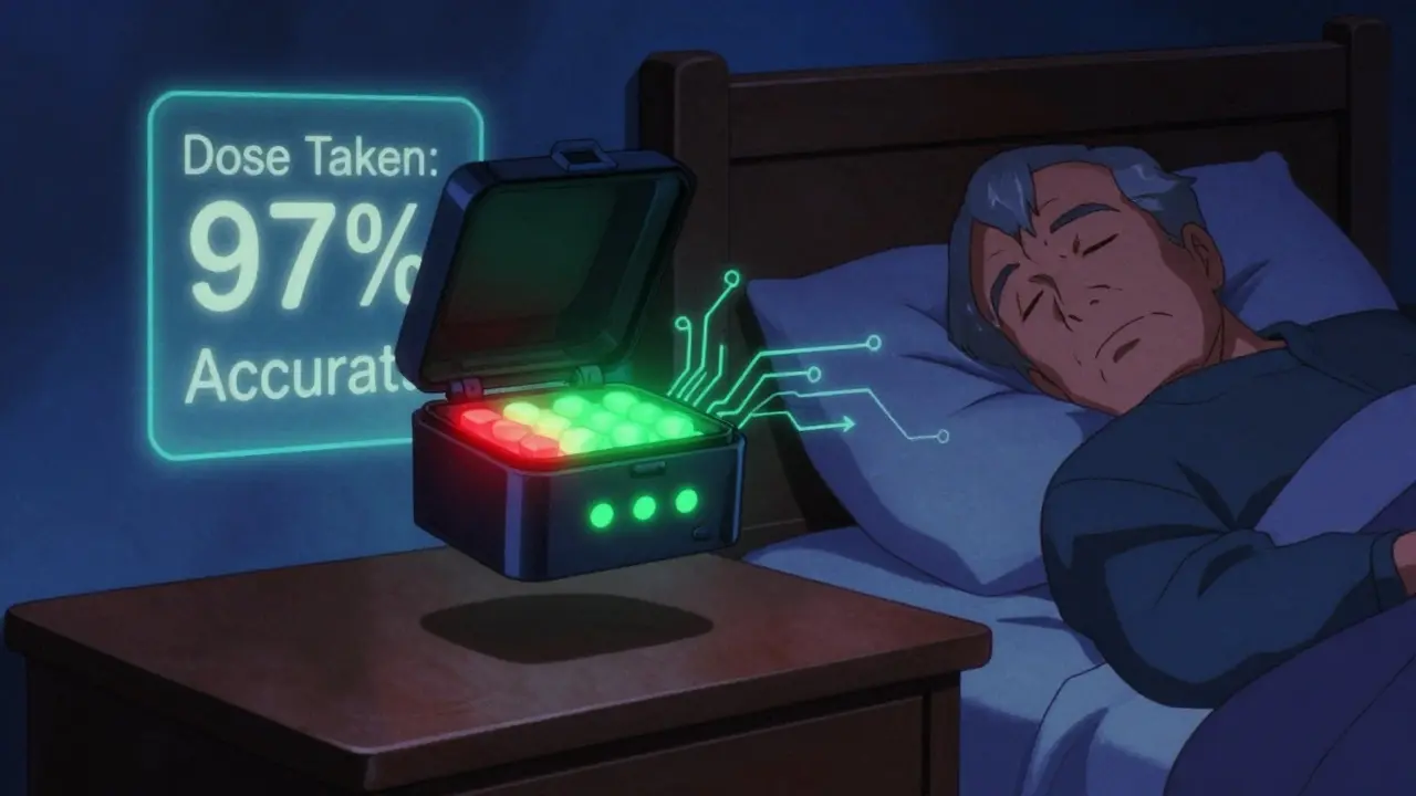 Smart pillbox glowing with colored lights beside a sleeping man at night.