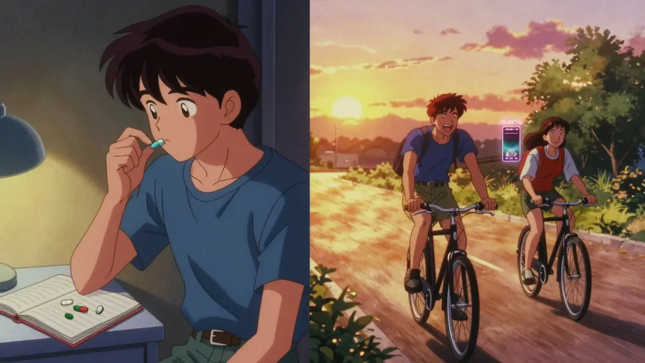 Split scene: teen taking medication vs. laughing with parents on bike ride, retro anime style.