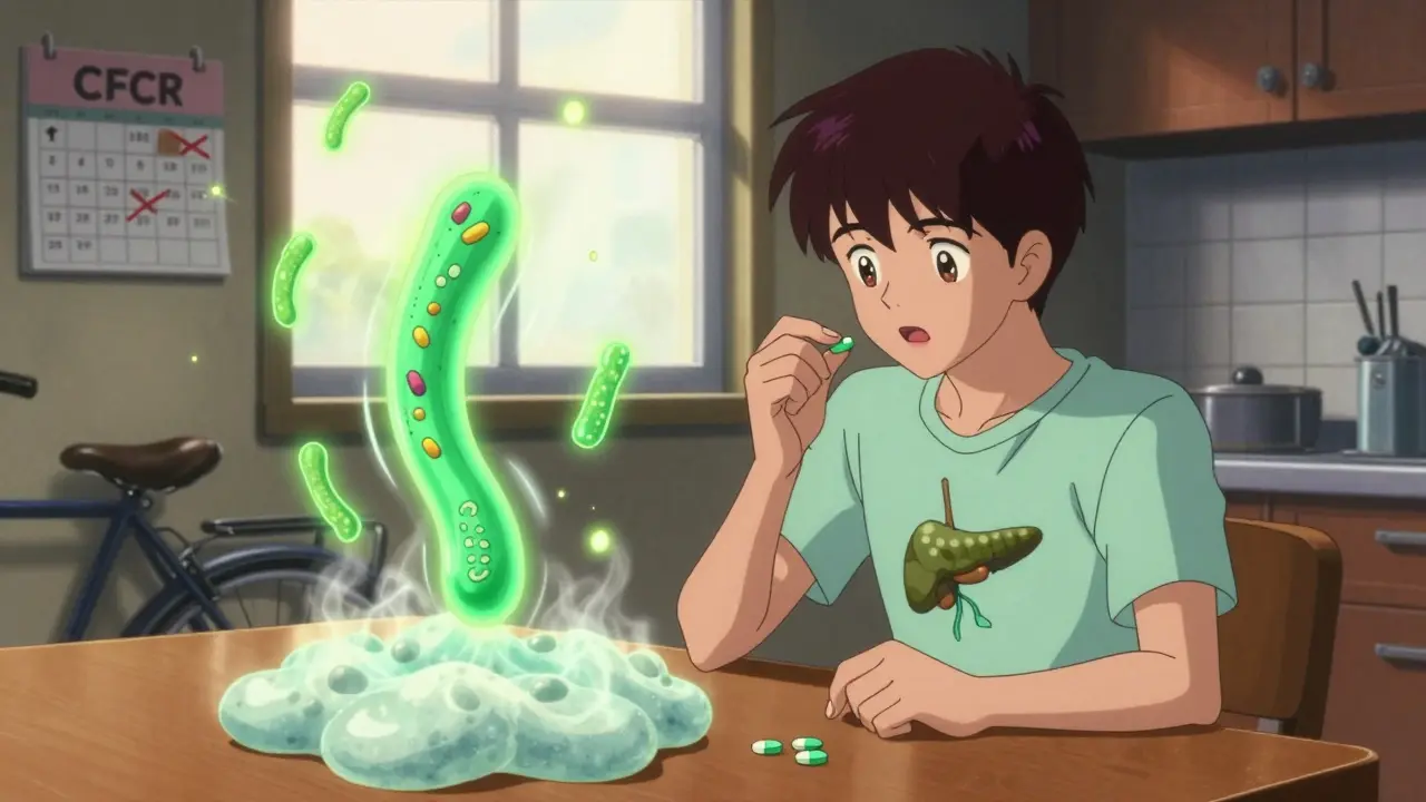 Teenager taking Trikafta pills as glowing proteins repair their body, mucus dissolving into mist.