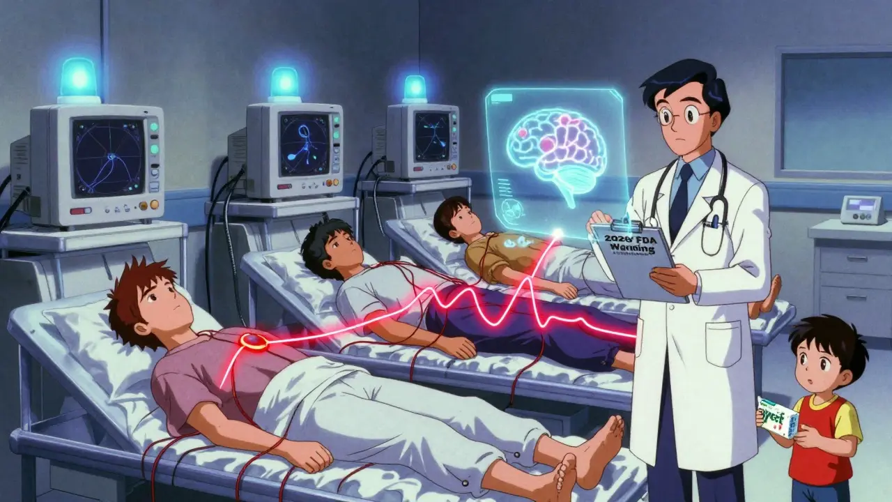 Three patients in ER connected by toxic waveform, doctor holding FDA warning, child holding Zyrtec in corner.