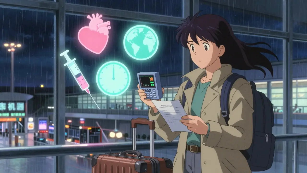 Traveler in airport holding medical devices and doctor’s note, floating medical icons around them.