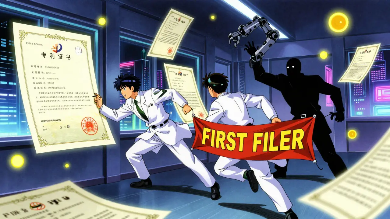 Two teams race through a neon hallway as patent certificates float around them, one team ahead with 'FIRST FILER'.