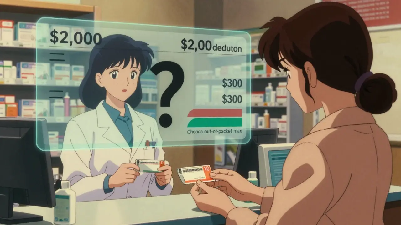 Woman getting a prescription while transparent meters show deductible stuck and out-of-pocket rising.