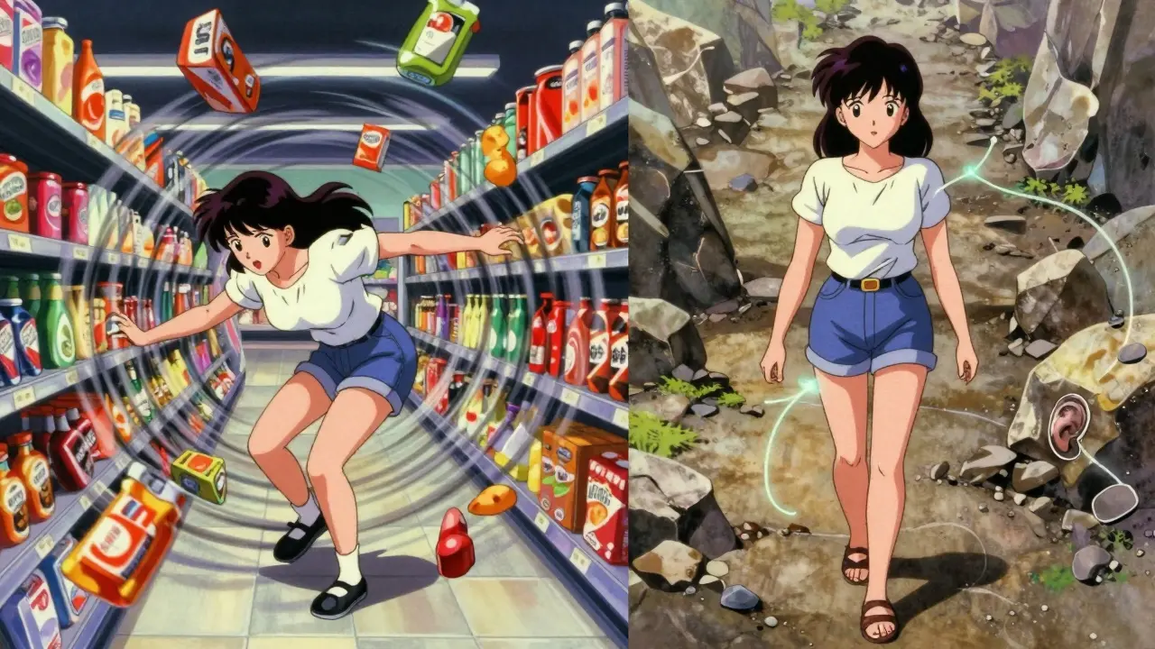 Woman transitioning from dizzy grocery store stumble to confident walk on a trail.