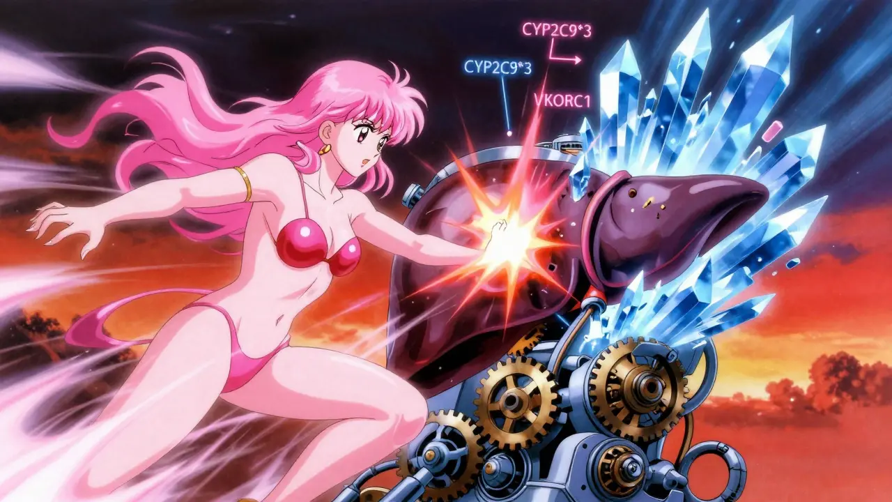 A battle between glowing estrogen and warfarin forces inside a steampunk liver, with genetic markers flashing like neon runes.