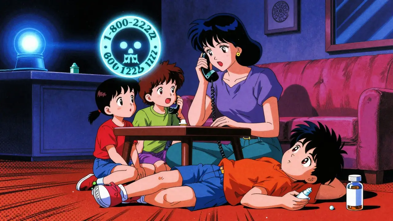 A family calling poison control while a child lies nearby with an empty medicine bottle.