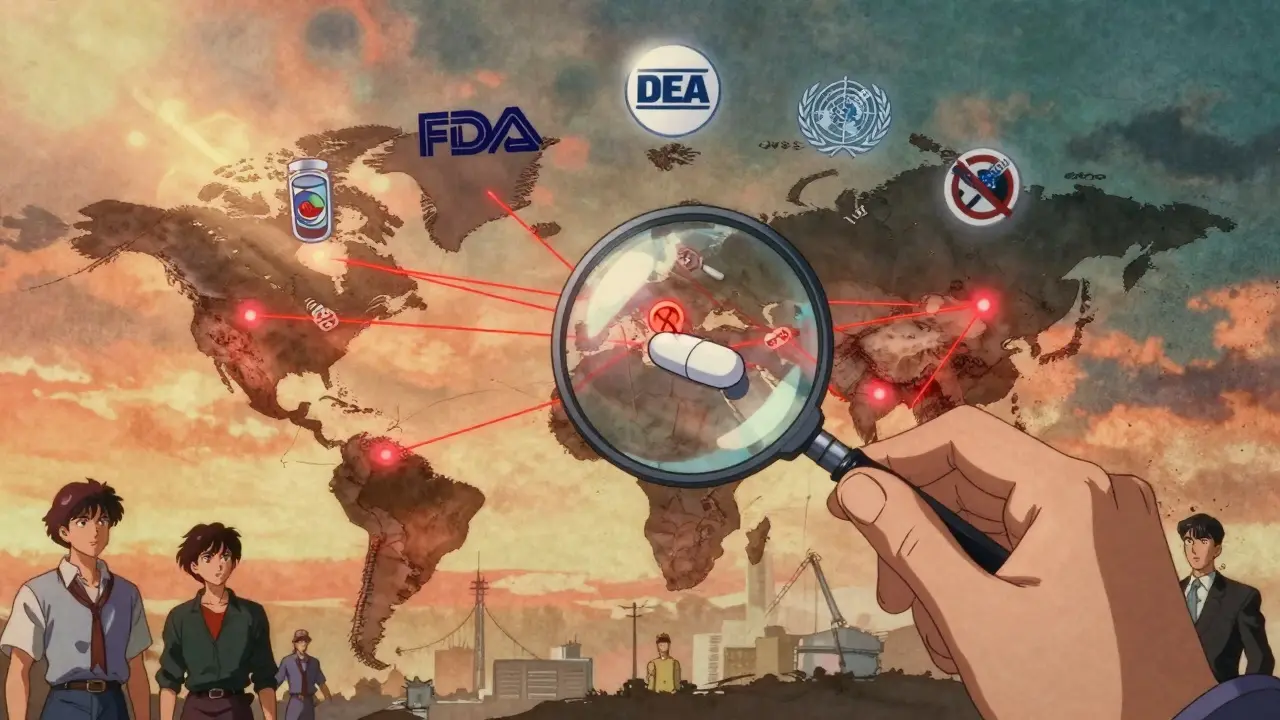 A global map showing counterfeit drug routes with a magnifying glass revealing hidden dangers.