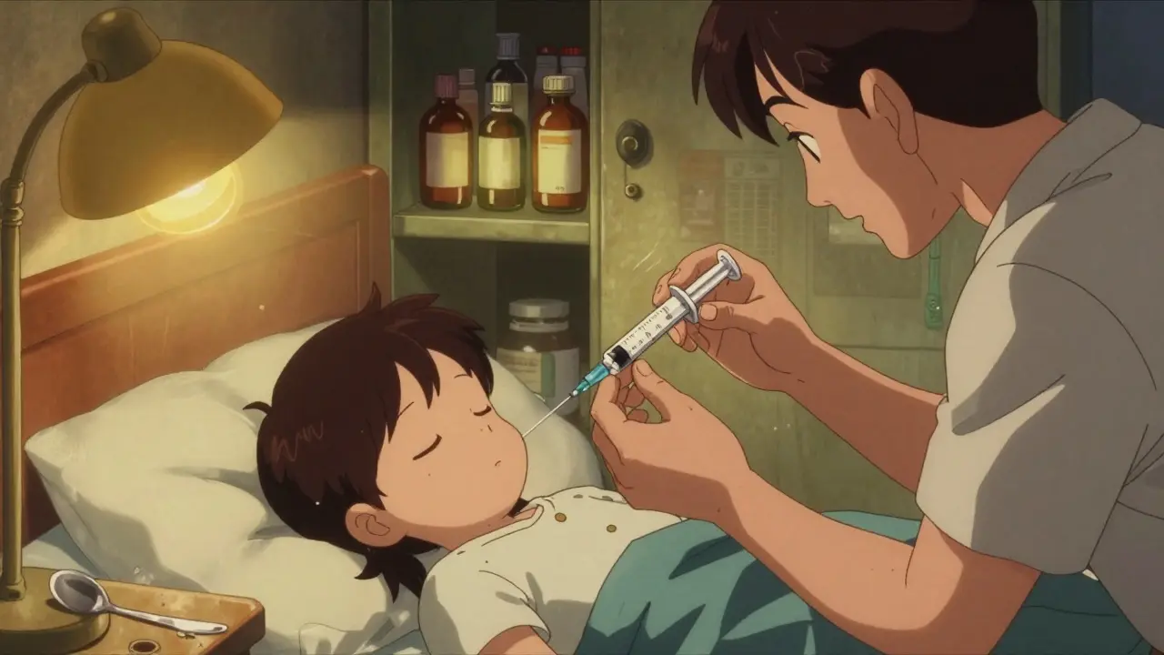 A parent carefully using a dosing syringe to give medicine to a child at bedtime.