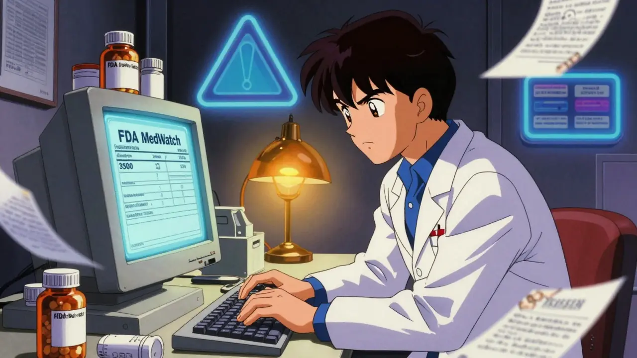 A pharmacist reporting counterfeit drugs using a computer with FDA MedWatch form on screen.