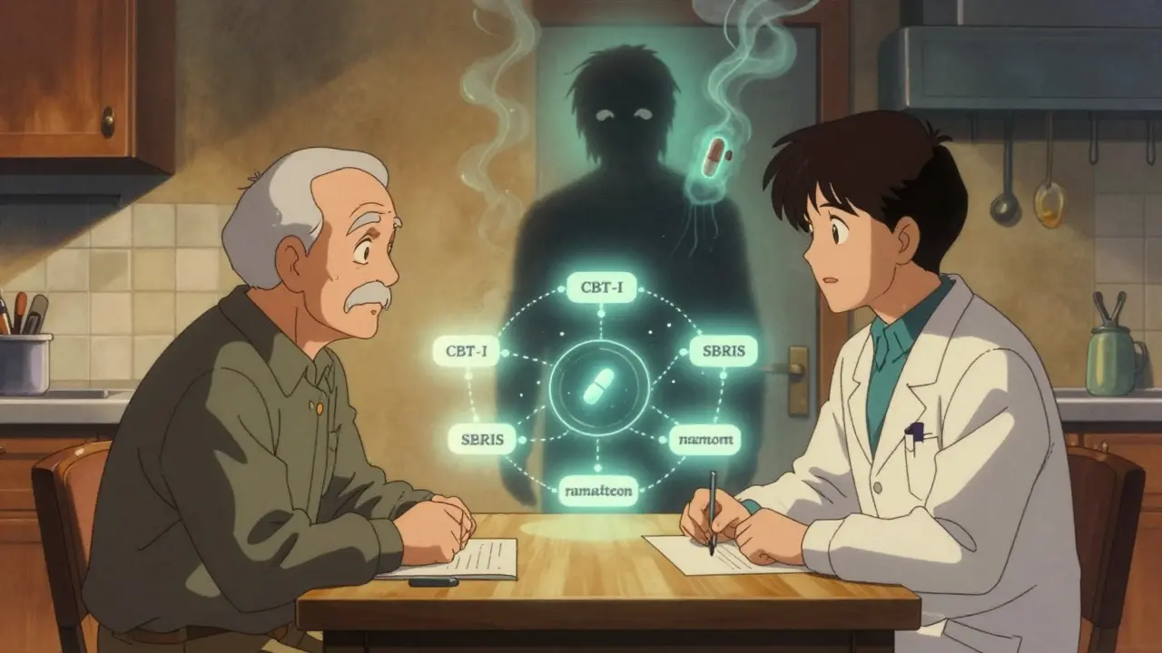 An elderly man and doctor discuss alternatives to benzodiazepines, with glowing treatment options between them.