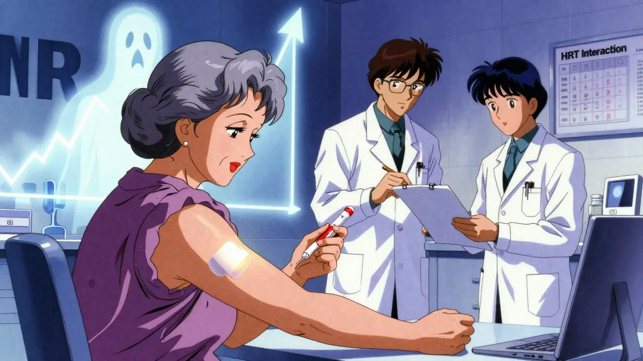 An elderly woman gets a blood test while an estrogen patch glows on her arm, with a rising INR graph behind her.