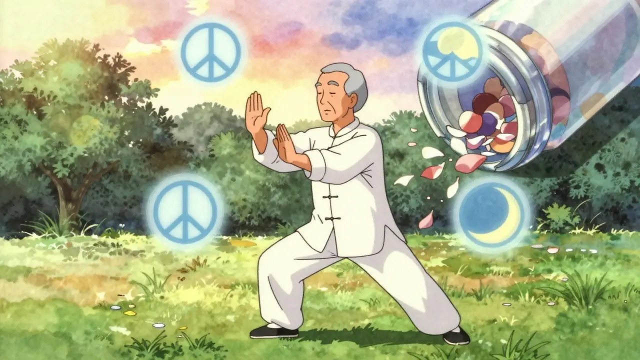 An older adult doing tai chi at sunrise, with peaceful icons floating around them as a pill bottle fades away.