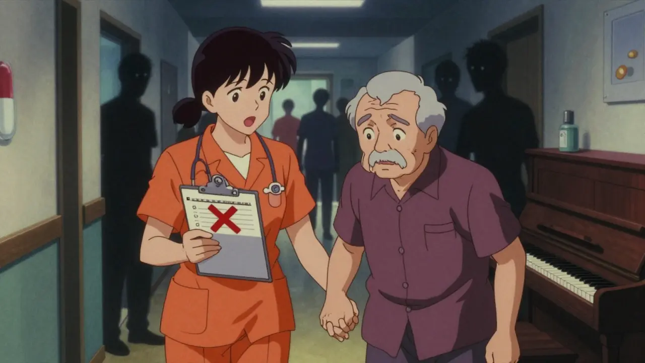 Caregivers guiding a senior toward music therapy instead of medication, in vintage anime style.