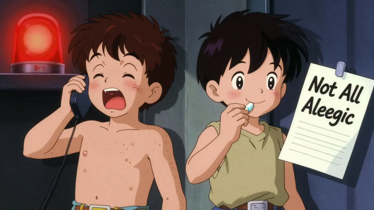 Contrasting images: child with hives and swelling vs. same child taking antibiotic calmly.