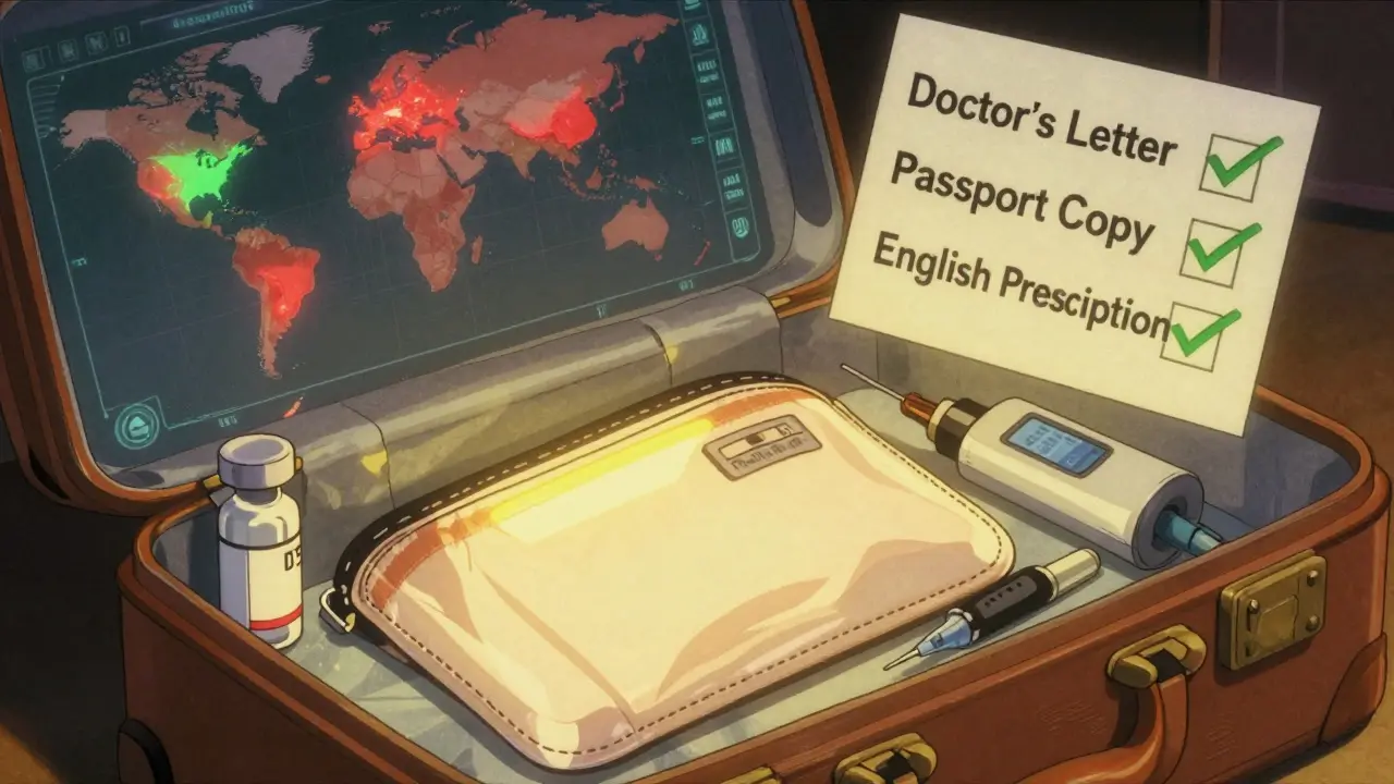 Cooling wallet with insulin vials and pump, surrounded by digital checklist and world map