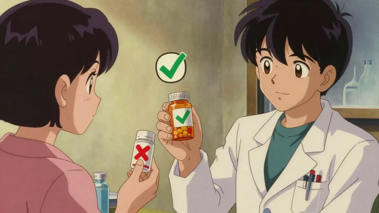Doctor and patient comparing generic and brand pills