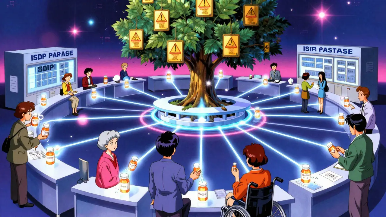 Glowing data streams connect pharmacies to safety systems, citizens releasing pill bottles into light.