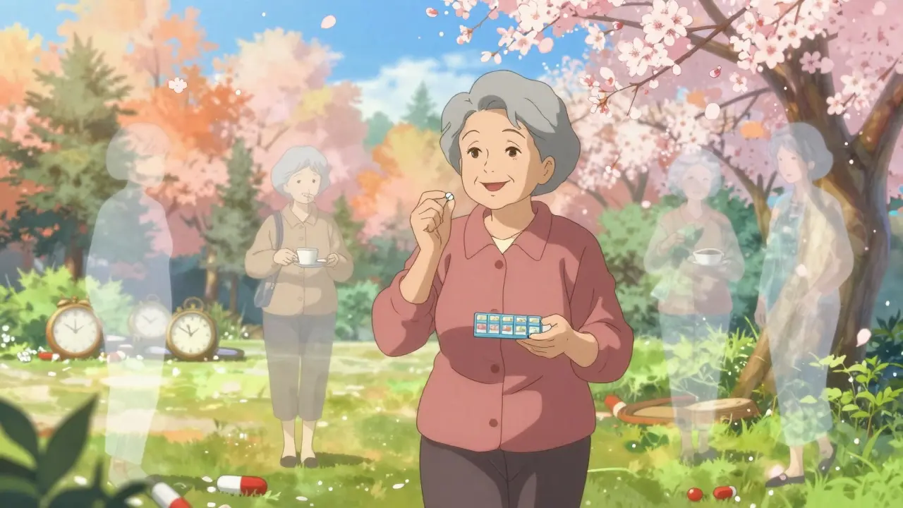Older woman walking in a garden, calmly taking pills with breakfast, surrounded by fading memories of complexity.