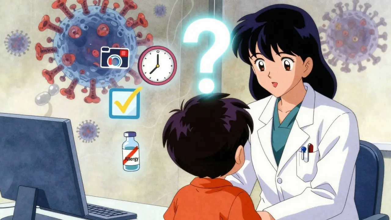 Pediatrician's office with floating icons showing rash timeline and allergy misconception.