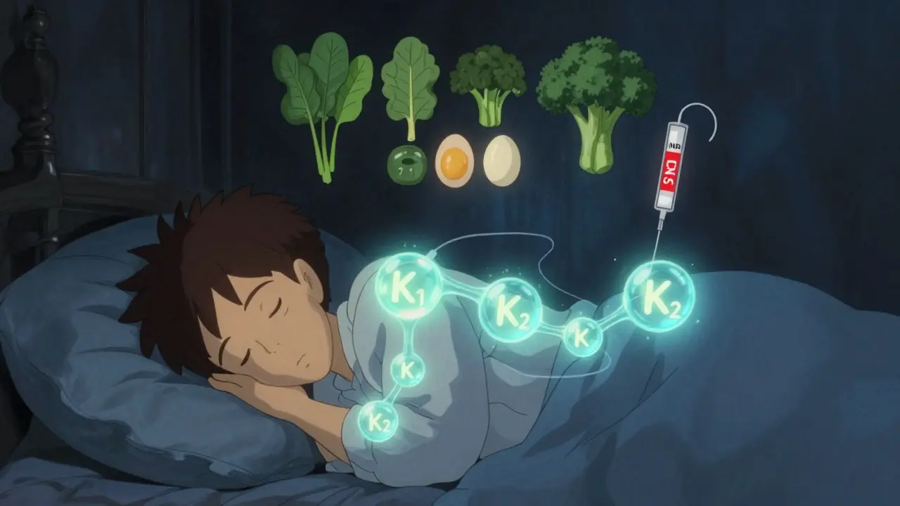 Person sleeping as vitamin K molecules cycle through body with steady INR needle above