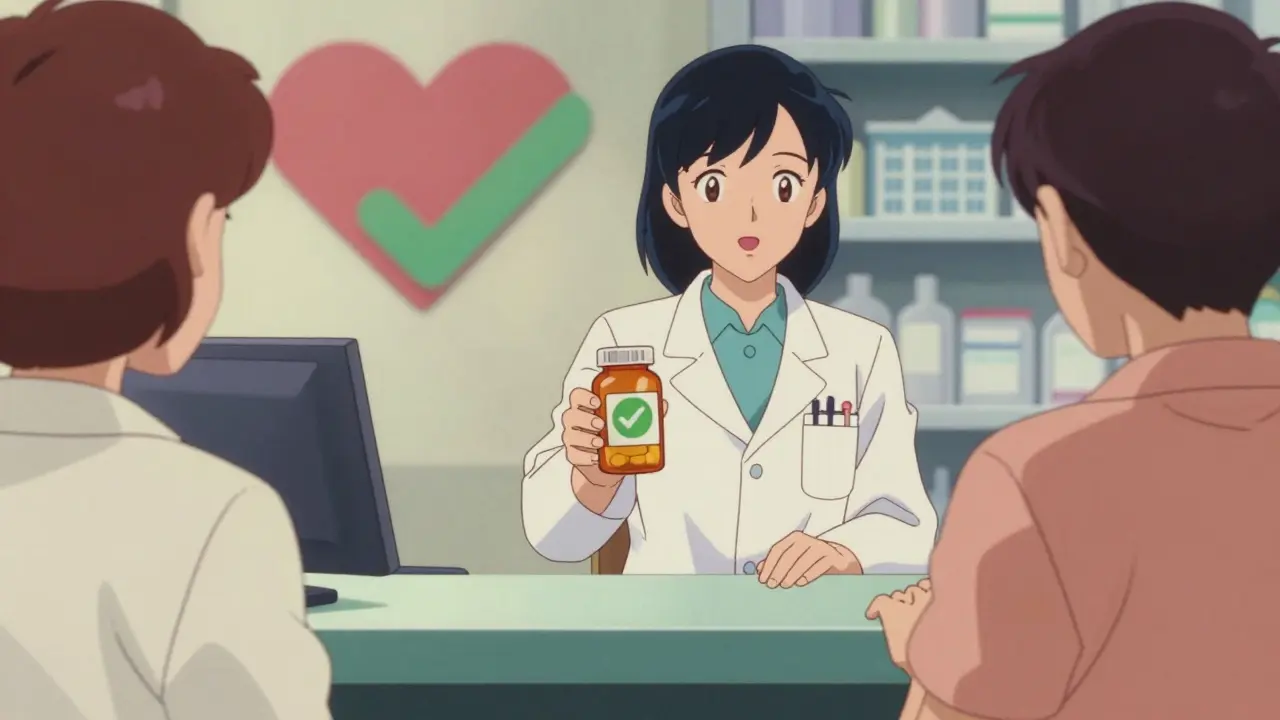 Pharmacist dispensing generic medication at pharmacy counter