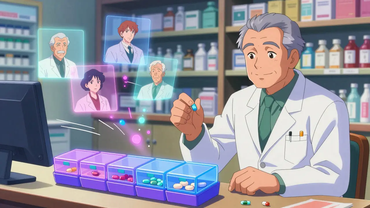 Pharmacist handing an elderly man a single combination pill, replacing multiple medications.