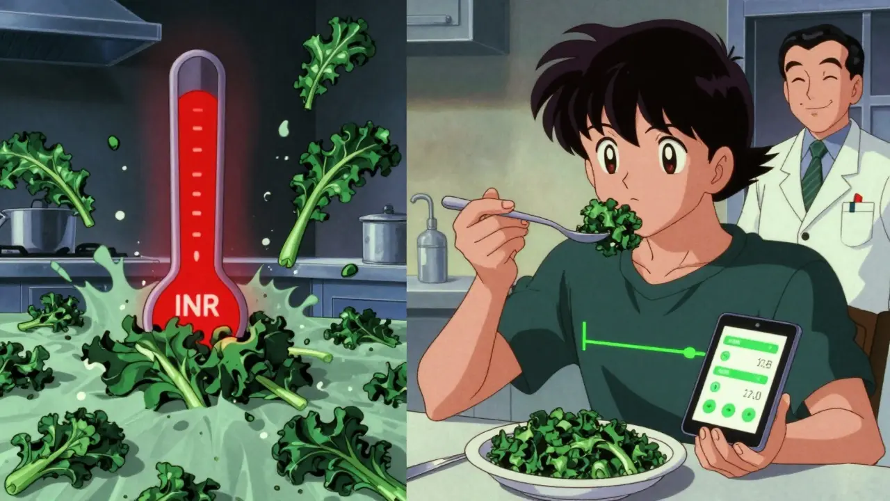 Split scene: chaotic food portions vs. consistent greens with stable INR meter