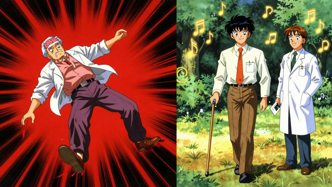 Split scene: senior having a stroke vs. thriving with music and care, in retro anime aesthetic.