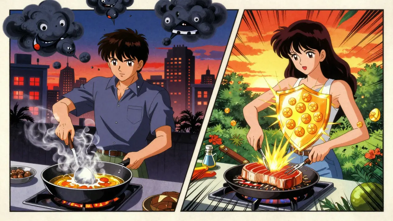 Split scene: unhealthy coconut oil frying vs. healthy avocado oil searing, with heart shield and cholesterol monsters.