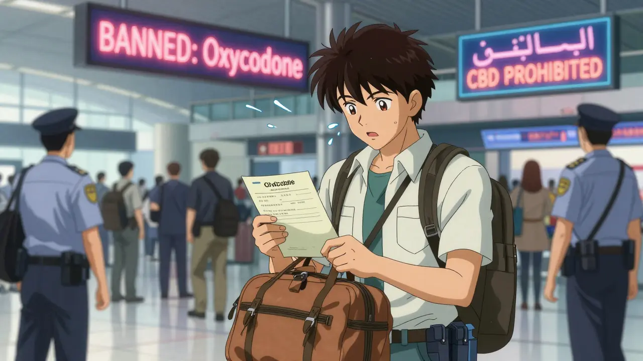 Traveler facing border agents with translated documents as banned drug signs glow nearby