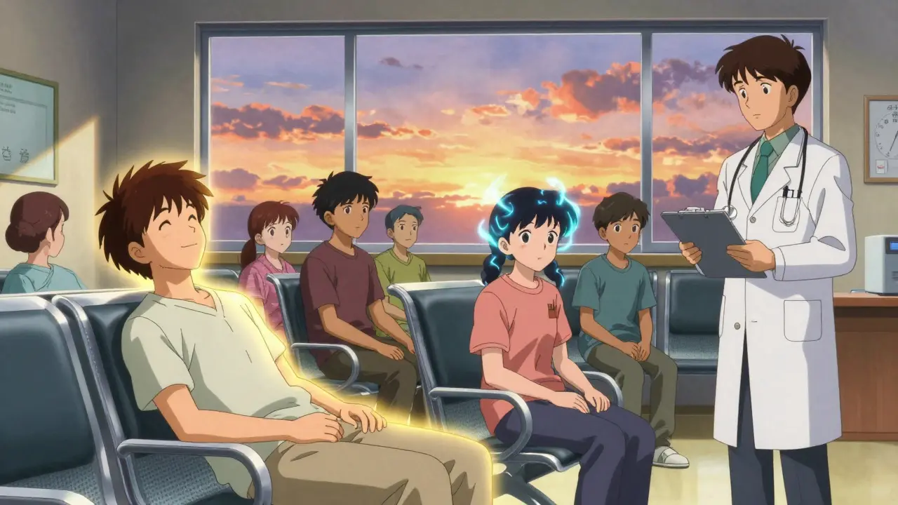 A clinic waiting area with patients at different stages of treatment, glowing with emotional energy, under the watchful eye of medical staff as sunset light streams through the window.