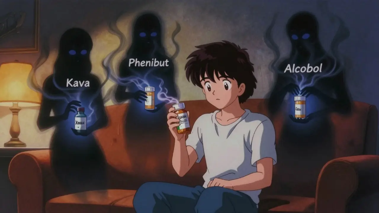 A person holding a GABA supplement while shadowy figures of kava, phenibut, and alcohol loom nearby.