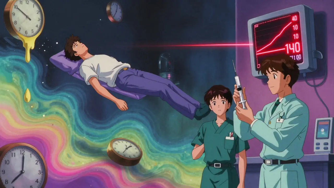 A surreal anime scene showing a patient floating mid-air during esketamine treatment, with a blood pressure monitor spiking and medical staff preparing medication.