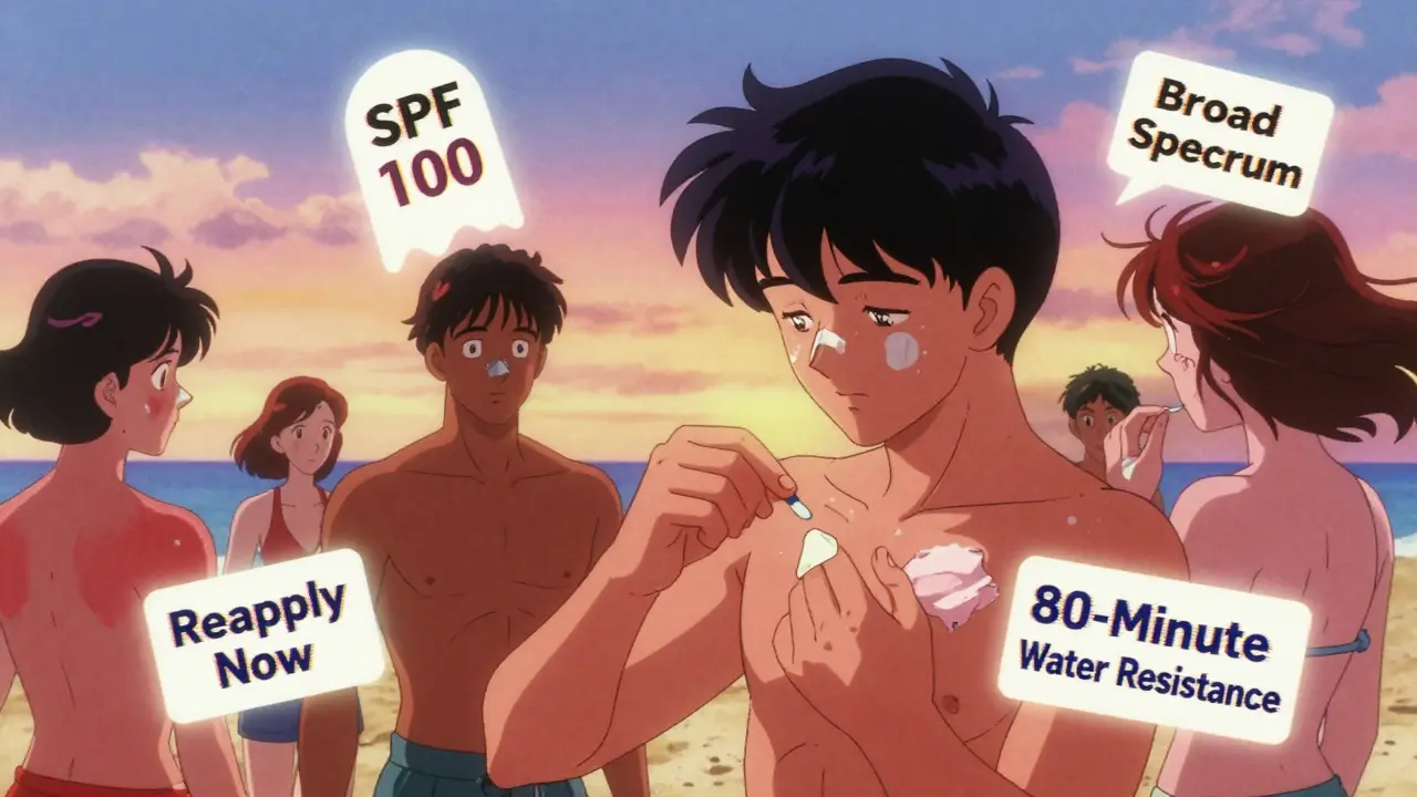 Beachgoers with sunburns while one correctly reapplies sunscreen, floating sunscreen labels in retro anime style