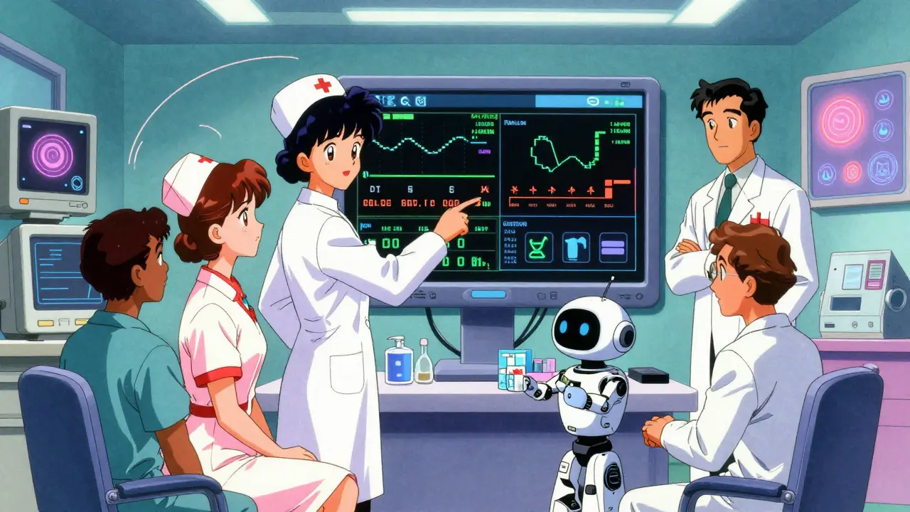 Diverse healthcare team collaborating with AI interface using retro-futuristic anime aesthetics.